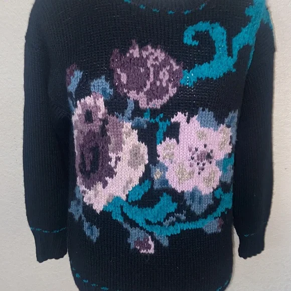 Vintage 80s Carole Little For St. Tropez West Black Hand Knit Floral Sweater S - Picture 5 of 7